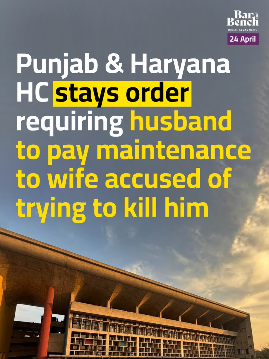 barandbench's tweet image. The Punjab and Haryana High Court recently stayed an order directing a man to pay interim maintenance to his wife who is accused of attempting to kill him.

Read more: barandbench.com/news/punjab-ha…