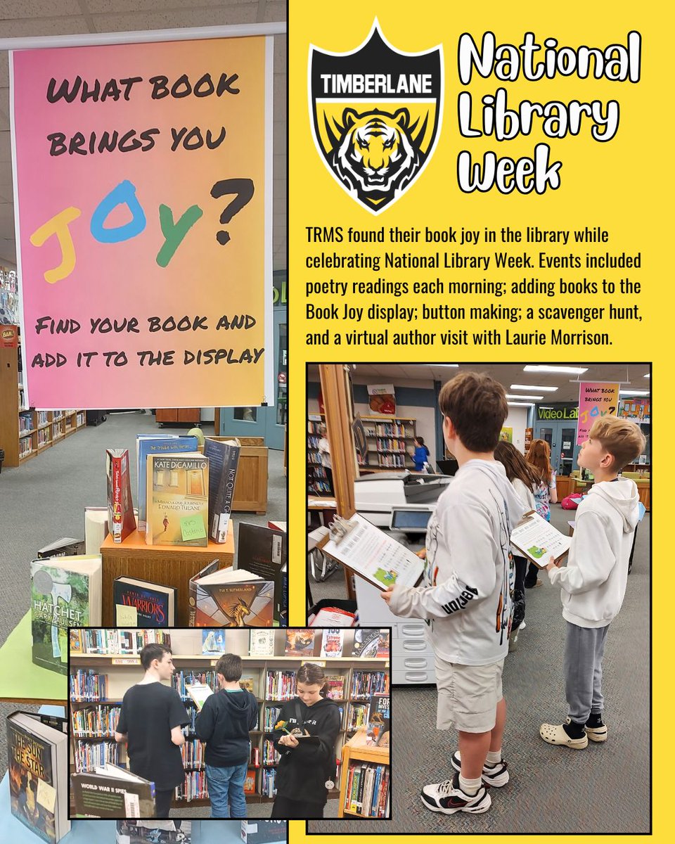 TimberlaneMS's tweet photo. TRMS found their book joy in the library while celebrating National Library Week. Events included poetry readings each morning; adding books to the Book Joy display; button making; a scavenger hunt, and a virtual author visit with Laurie Morrison. https://t.co/Slqha5o17j