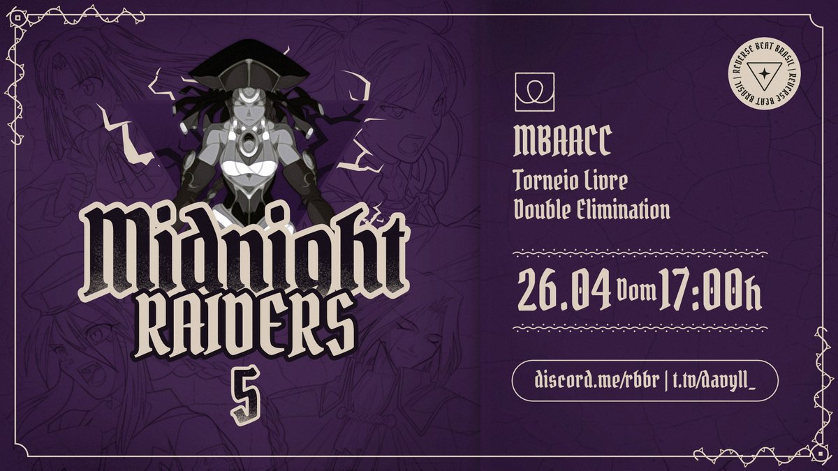 🚨 17:00 - DOMINGO (26/04)    

Mini Major no Sábado e Midnight Raiders no domingo. Joguem os dois!!!!  

challonge.com/MRaiders5
