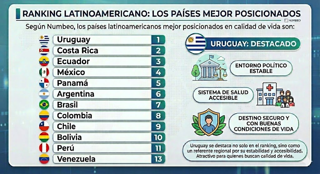 BuenasUruguay's tweet photo. 🇺🇾El país que ha logrado destacarse en el ranking mundial es Uruguay, con un índice de 137,21 puntos, sitúandose en la posición 48° y 1° en Latinoamérica, superando a otros países de la región, de acuerdo con el Índice de Calidad de Vida 2025 de Numbeo. https://t.co/3izdaulIWP
