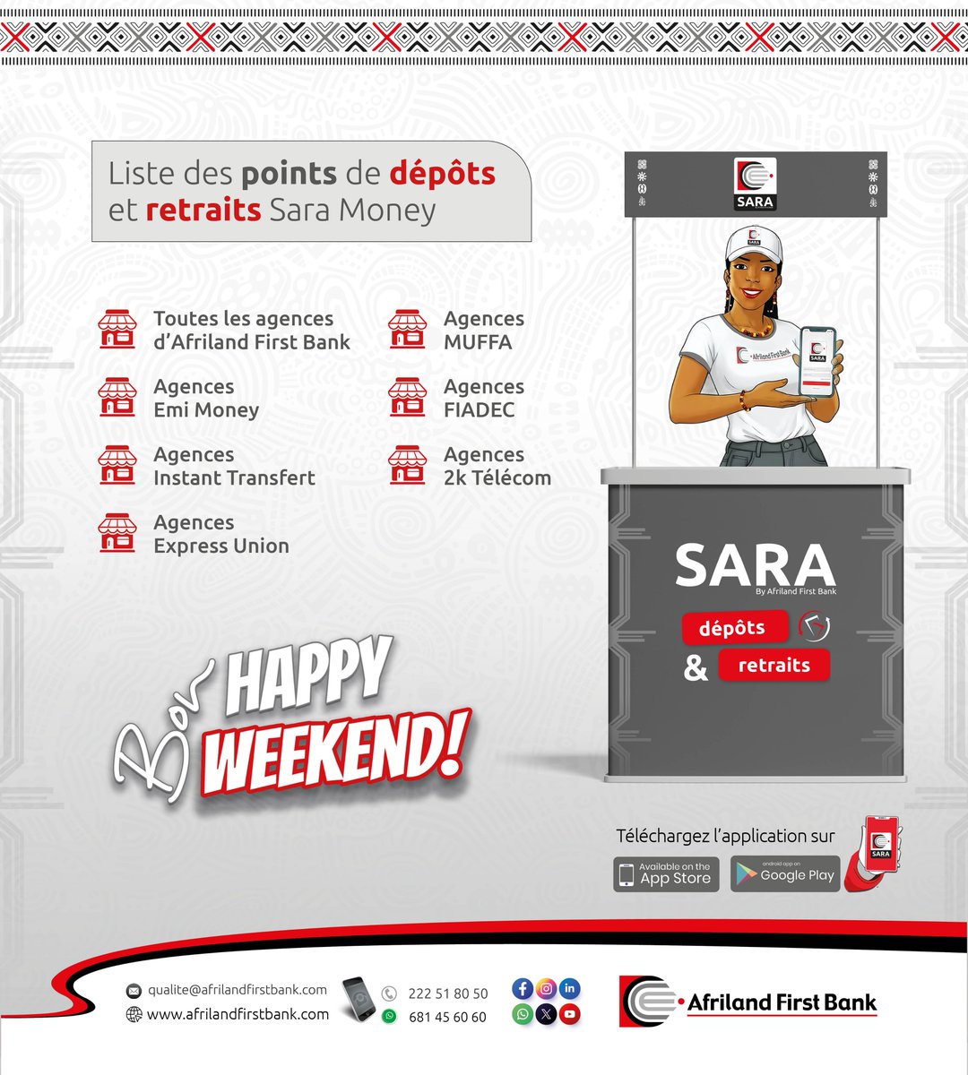 Avec Sara Money, faites vos dépots et retraits d'argent GRATUITEMENT dans les agences Afriland First Bank et chez nos partenaires. Liste des points de distribution disponible sur : lsms.fr/x2OsCVf