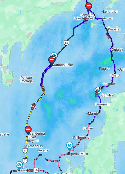 511Alberta's tweet image. Reminder: Hwy63 from jct Hwy881 to Mariana Lake and NB Hwy63 at Wandering River - remain CLOSED due to multiple MVC's and hazardous road conditions. Maintenance crews have been working non-stop; plowing and sanding in progress. (8:22am) #ABRoads #ABStorm #ymm
