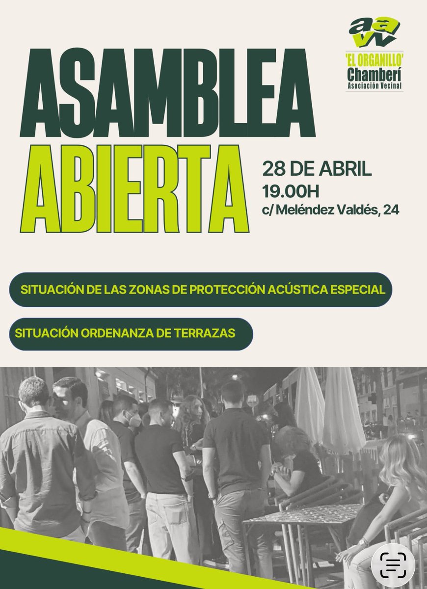 ElOrganillo's tweet photo. El próximo 28 de abril a las 19.00h en la sede de la asociación (c/ Meléndez Valdés, 24)

ASAMBLEA ABIERTA

🔊 Situación ZPAE
🍽 Ordenanza de terrazas

Compartiremos la información que tenemos sobre ambos asuntos  y decidiremos los próximos pasos a seguir.

👉 Ven y difunde https://t.co/ekXLBTB34t