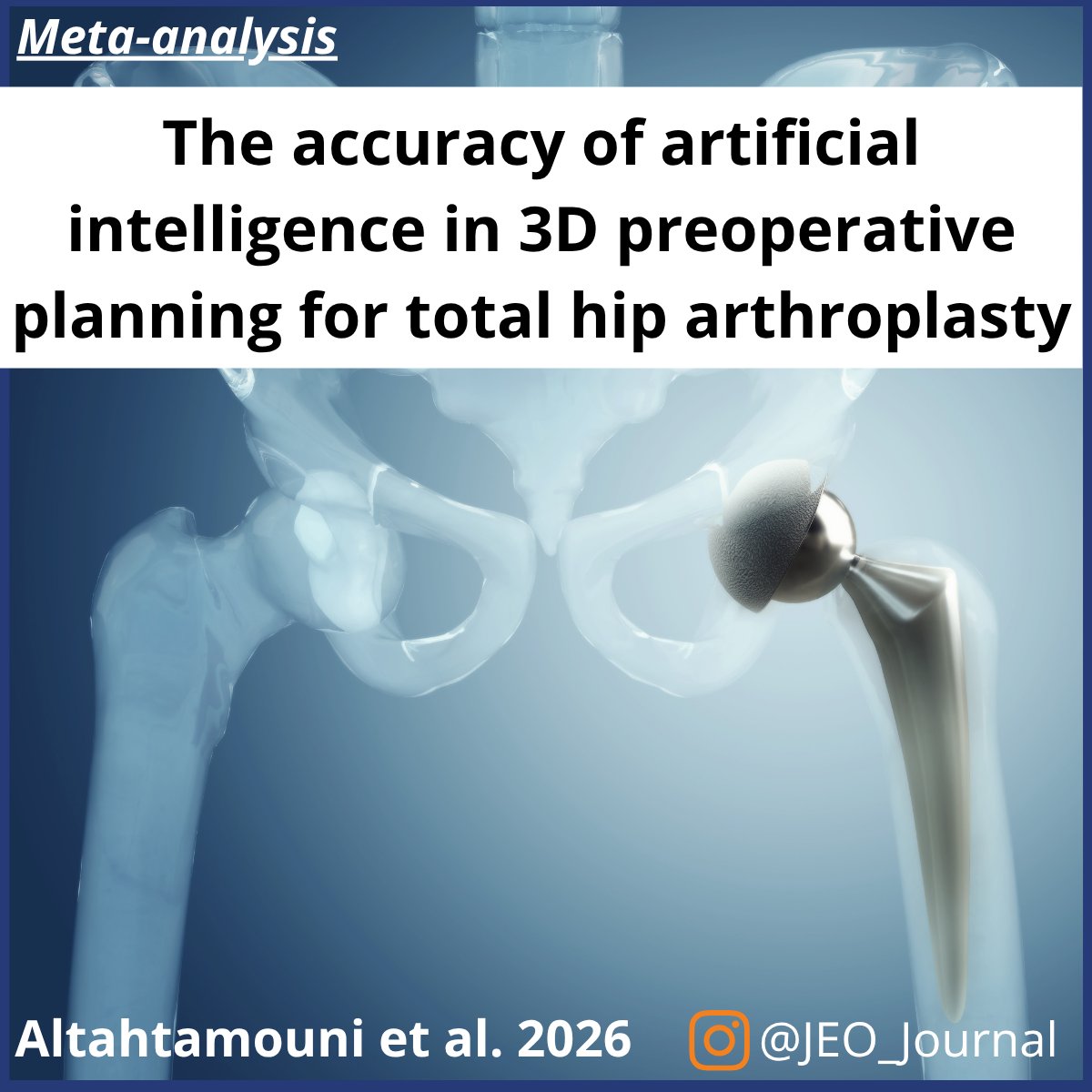 JEO_journal's tweet image. This meta-analysis confirms that AI-assisted 3D preoperative planning in THA provides better accuracy for predicting the acetabular cup and femoral stem sizes than traditional 2D templating methods.

OPEN ACCESS article: doi.org/10.1002/jeo2.7…

#hip #totalhipreplacement