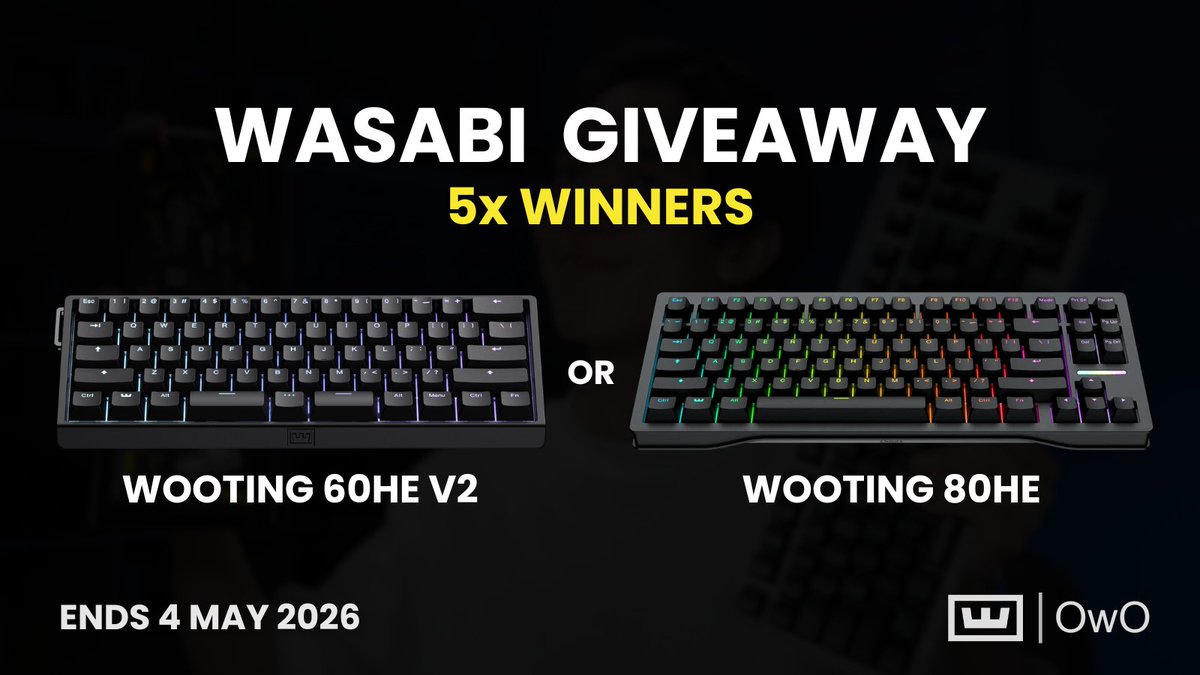 WASABI GIVEAWAY 🎁
​I'm giving away FIVE Wooting keyboards!
Each winner will get to choose either:
​🔹 Option A: 60HE V2 Aluminum
(Black or Silver | Standard or Split Spacebar)
​🔹 Option B: 80HE PCR
(Black or Ghost)

​To Enter:
✅ Follow <a href="/wasabifriedrice/">Wasabi</a> &amp; <a href="/WootingKB/">Wooting</a>
✅ Like &amp;