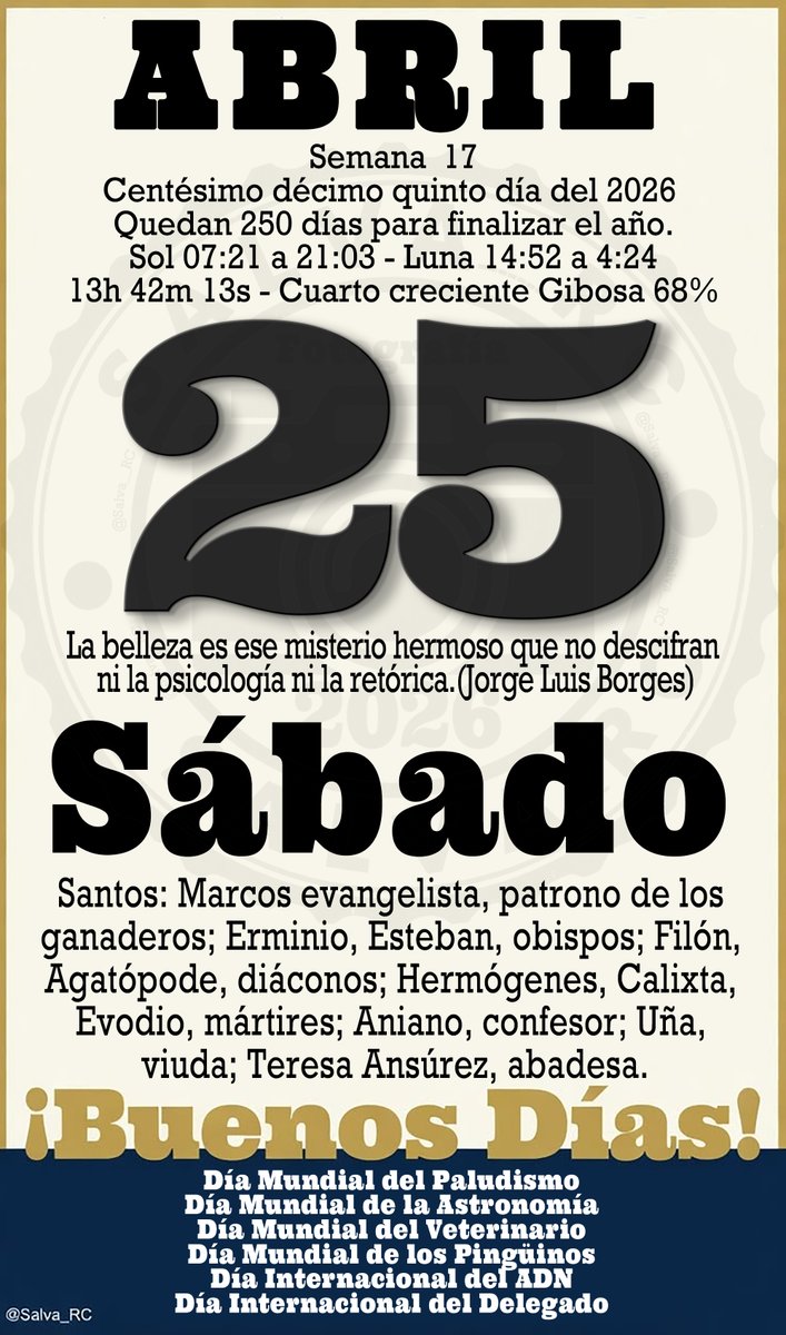 Salva__RC's tweet image. La🌿del #Almanaque. #Calendario #Calendariodiario #Efemérides #Santoral #Frases #TalDíaComoHoy #25deAbril #Sábado #FelizSábado #BuenosDías