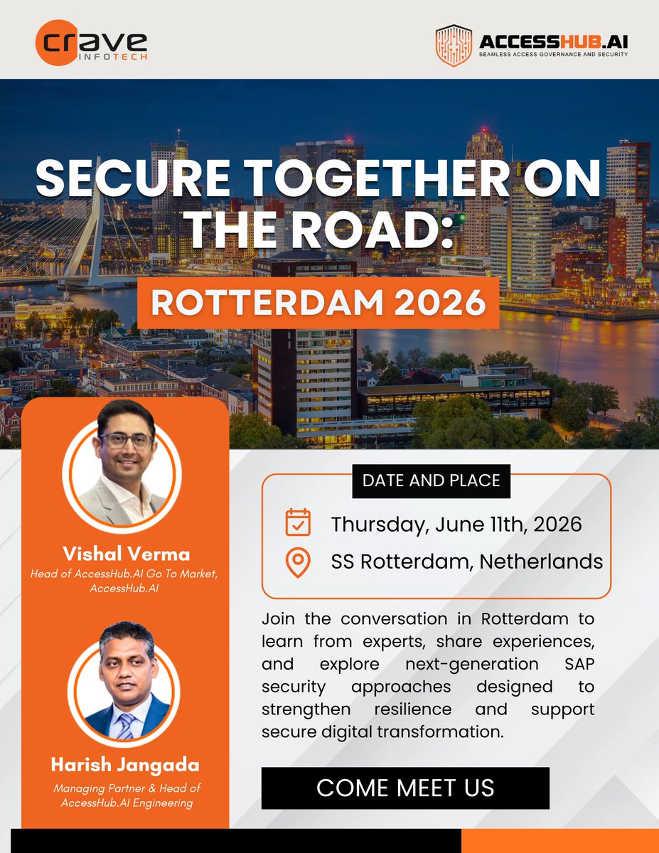 SAP security is evolving with cloud and Zero Trust at Secure Together on the Road – Rotterdam 2026.

We’ll showcase AccessHub for simpler SAP access management.

📍 Rotterdam | June 11, 2026
accesshub.ai/secure-togethe…

#SAPSecurity #AccessHub #CyberSecurity
