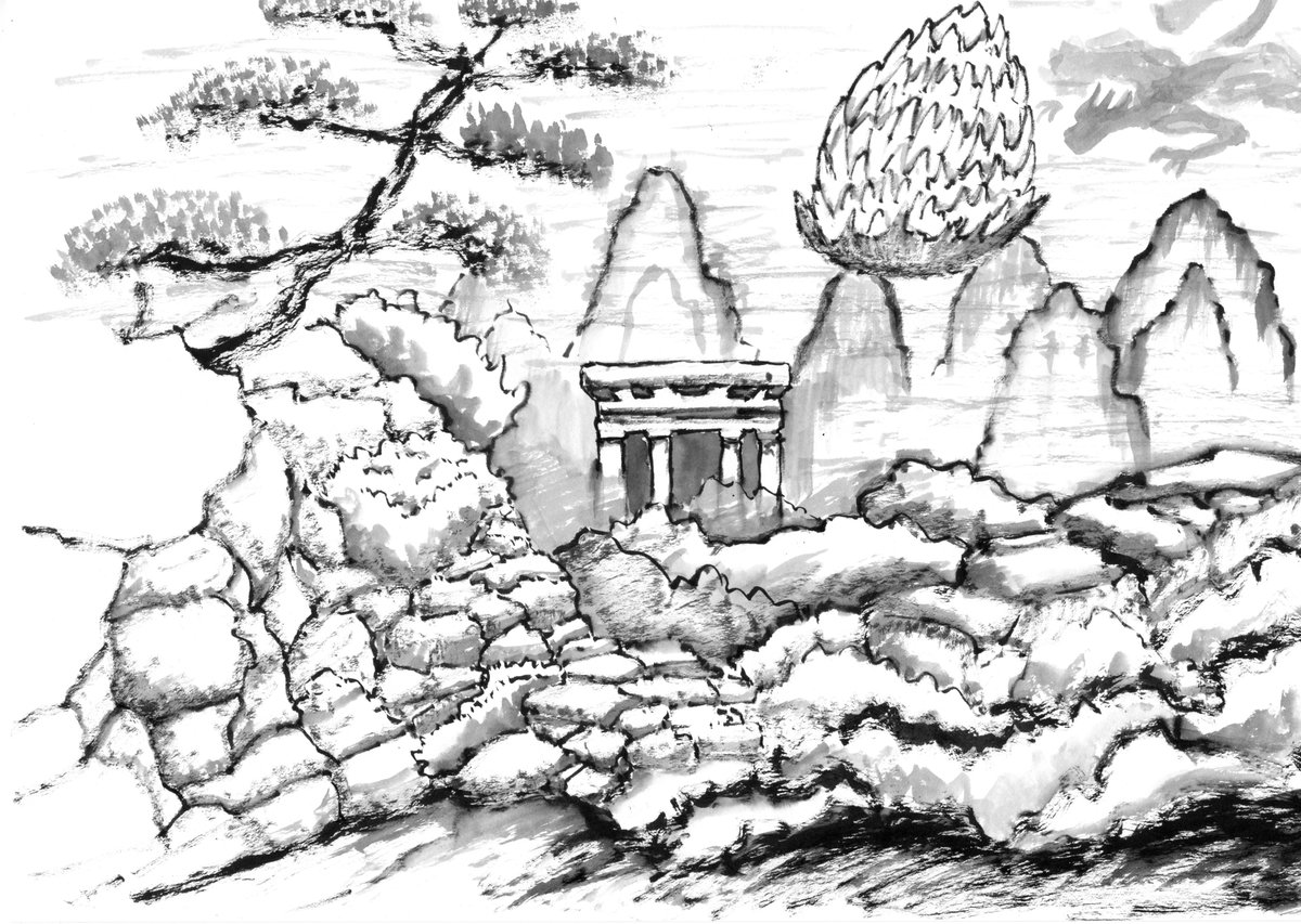 hr_asahina's tweet image. 卵が落ちる石の海
#SMF #水墨画　#ファンタジー #オリジナル #一次創作