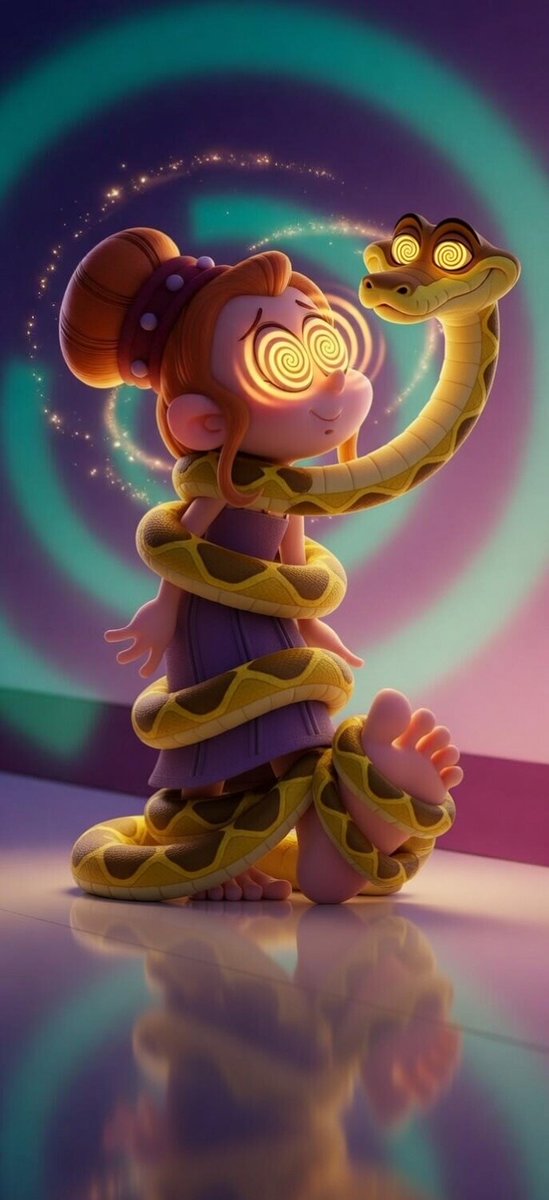 Petula from The Smurfs cartoon crossover with Kaa the snake from The Jungle Book hypnosis wrapped up squeezing coils barefeet she's always getting into trouble