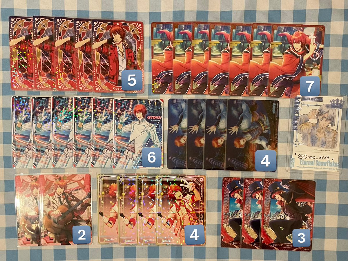 Oimo_3333's tweet photo. 【交換】うたプリ ビジュコレ VOL.5

＊譲
音也、那月、トキヤ
(画像参照ください)

＊求
真斗
(画像4枚目💟を含む交換のみ)

R⇄Rは1:1
お相手様SRへは当方複数枚提供可能です
他比率違いで複数枚提供可◎

郵送交換希望です。
よろしくお願いいたします。 https://t.co/rH314a10Jd
