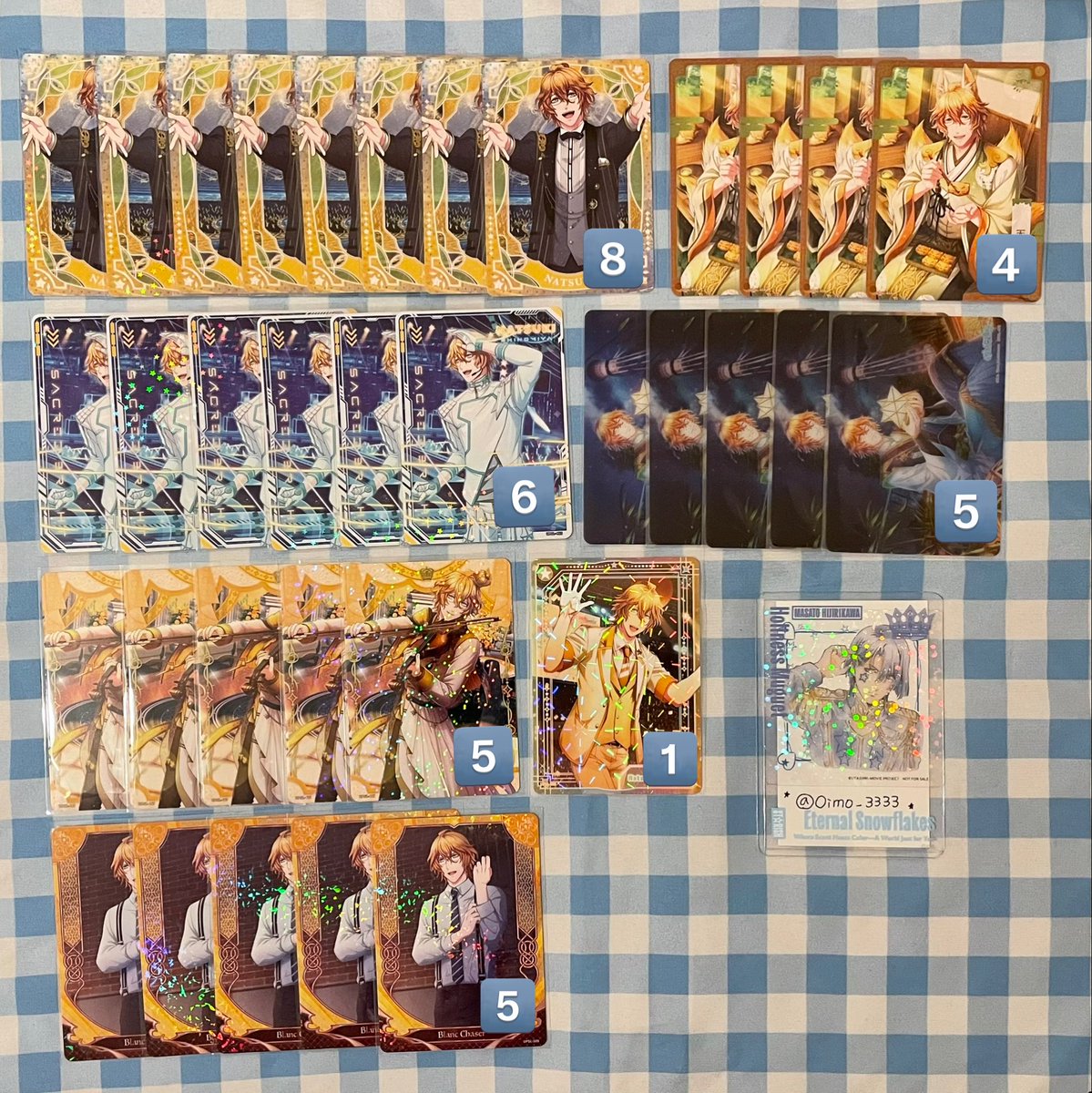 Oimo_3333's tweet photo. 【交換】うたプリ ビジュコレ VOL.5

＊譲
音也、那月、トキヤ
(画像参照ください)

＊求
真斗
(画像4枚目💟を含む交換のみ)

R⇄Rは1:1
お相手様SRへは当方複数枚提供可能です
他比率違いで複数枚提供可◎

郵送交換希望です。
よろしくお願いいたします。 https://t.co/rH314a10Jd