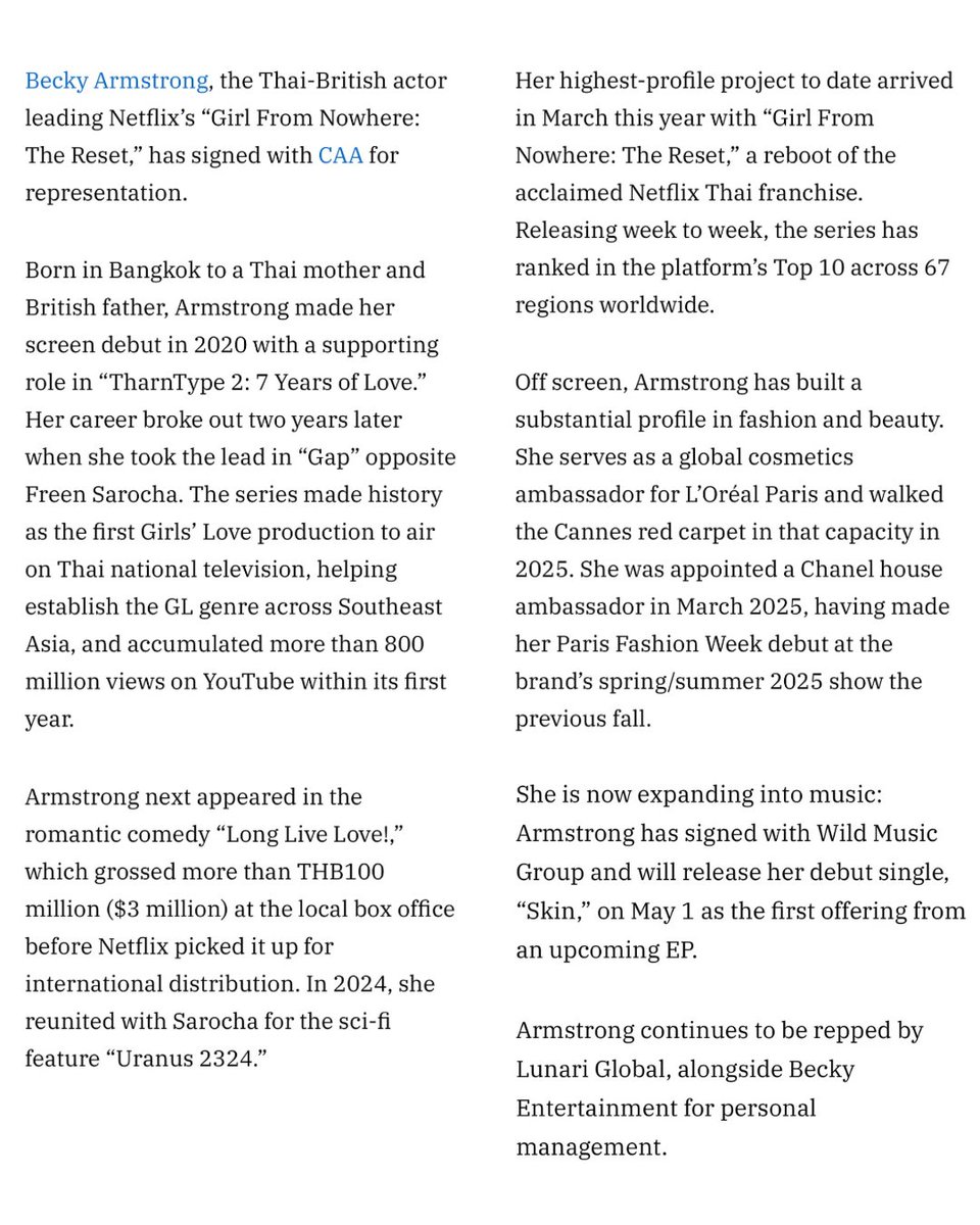 lunariglobal's tweet image. Congratulations to our client Rebecca Armstrong on signing with CAA for global representation. Becky will be the first ever Thai actress signed to the agency. We are so excited to support her during this period of international expansion.

#lunariglobal #beckyarmstrong #caa