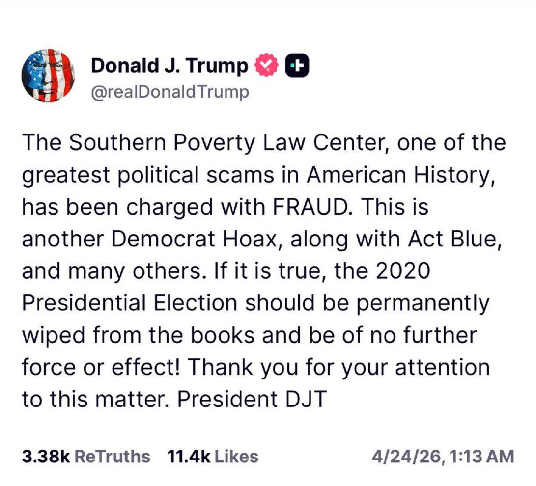 Donald J. Trump (<a href="/realDonaldTrump/">Donald J. Trump</a>):

Trung tâm Luật Nghèo Miền Nam (Southern Poverty Law Center), một trong những vụ lừa đảo chính trị lớn nhất trong lịch sử Hoa Kỳ, đã bị buộc tội gian lận. Đây là một trò lừa bịp khác của Đảng Dân chủ, cùng với ActBlue và