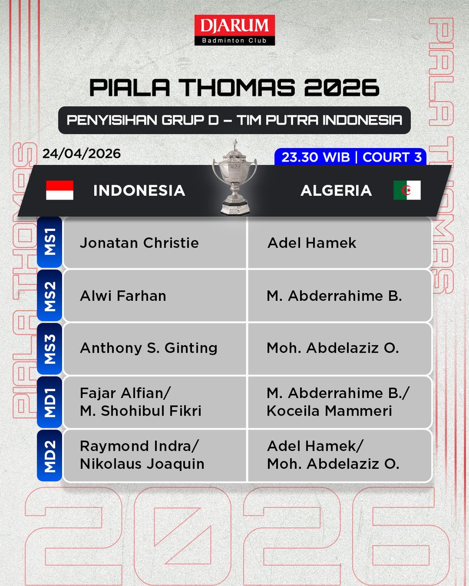 PBDjarum's tweet image. Berikut line up tim Thomas Indonesia melawan tim Algeria di hari pertama babak penyisihan Grup D Piala Thomas 2026 tengah malam ini yah, Sobat!  Pertandingan pertama mulai Pk 23.30 WIB, live di Vidio.

SEMANGAT! 💪🔥

#TUC2026 #tournament #TeruskanSemangatJuara