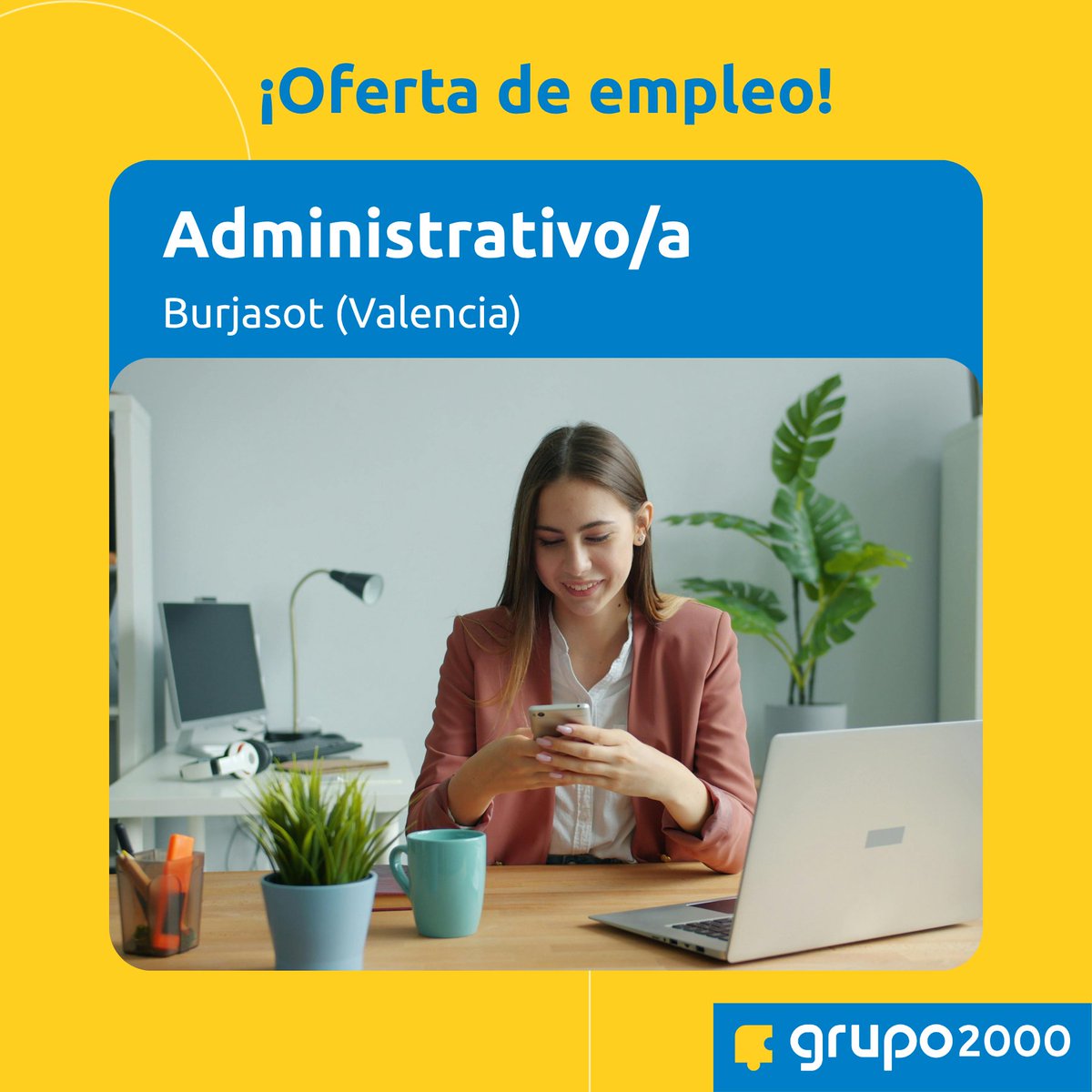 Empresa, situada en Burjasot (Valencia), necesita cubrir una vacante de administrativo/a ☺️

¿Dispones de nivel de inglés B2? ¡Envíanos tu CV! ➡ agencia.grupo2000.es/ofertas/

#empleo #rrhh #ofertasdeempleo #hiring #empleovalencia #trabajovalencia #valencia #empleabilidad