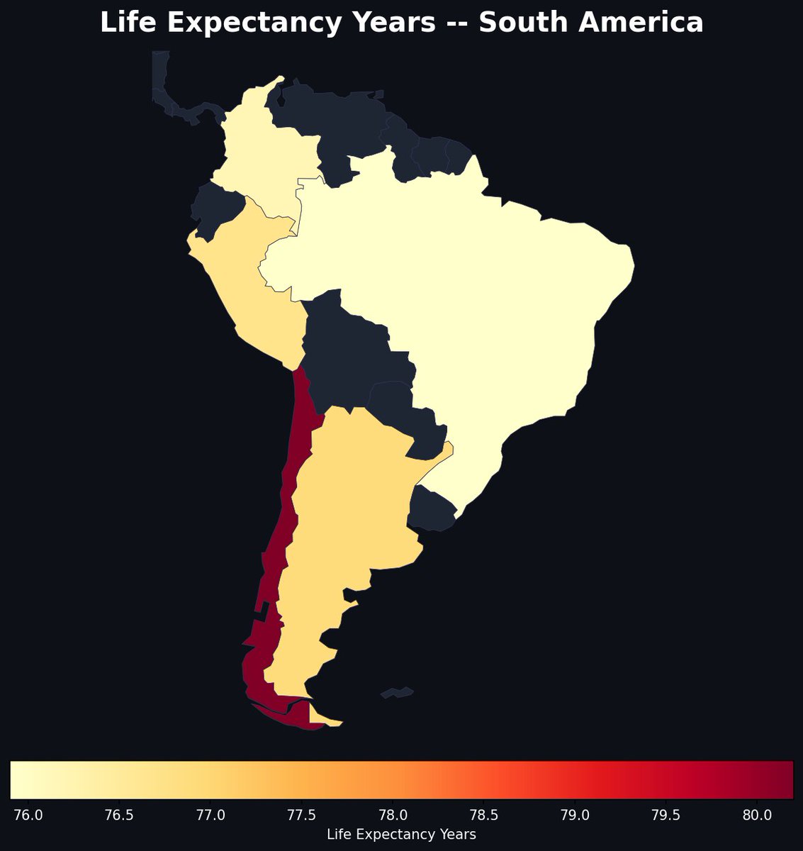 MapPorn_Zone55's tweet image. Guess which South American country has the highest life expectancy? Chile leads at 80 years, shown in deep red on this map.
— @MapPorn_Zone55 · link in bio
#MapPorn #maps