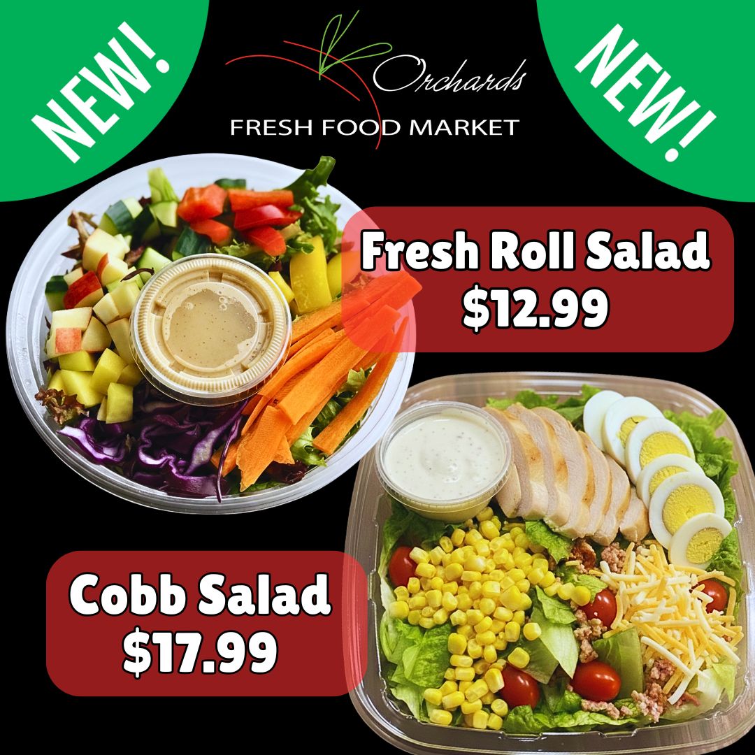 OrchardsFF's tweet image. Say goodbye to boring meals with our Fresh Roll Salad ($12.99) or the protein-packed Cobb ($17.99). Prepared fresh daily with the best market ingredients. 🥕🍗 Market-to-table convenience is here! #newproduct #salad #newsalad #newproductalert #onlyatorchards #wherefreshcomesfrom