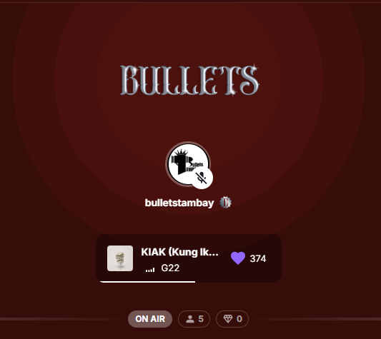 G22StreamVote_'s tweet photo. ๐ด Bulletstambay is now ON AIR!
From #LateNightTalkWithBullets to late night streaming on our Stationhead Channel!๐ง
Whether magpapahinga ka lang or up for a little chikahan โ tambay lang kayo with us, Bullets! ๐ค
๐ป: https://t.co/DzzlEPqV7i
#G22 #BulletsTambay https://t.co/z0nod9CSB1