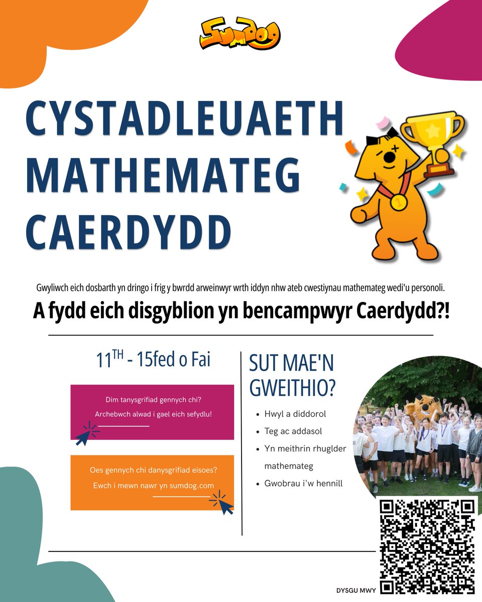 CdfCuric's tweet image. 🚨 AT SYLW YSGOLION #CAERDYDD! 🚨

🐶 Mae @Sumdog yn cymryd drosodd EICH ystafelloedd dosbarth Dydd Llun yma 11eg – Gwener 15ed Mai!

Mae @Sumdog yn troi mathemateg yn gemau a heriau cyffrous, addasol lle mae disgyblion yn sgorio pwyntiau, yn cystadlu â...

(1/3) 🧵