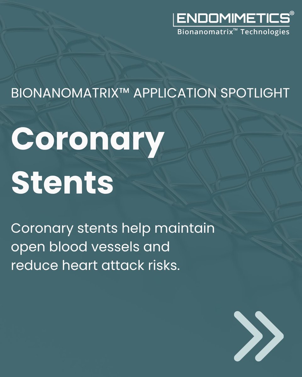 endomimetics's tweet photo. Coronary stents enhanced with Bionanomatrix™ promote improved vessel recovery, reducing the risks of thrombosis and restenosis. Read more on our pipeline > https://t.co/R9nNBP6ImU https://t.co/rQPoggIW75