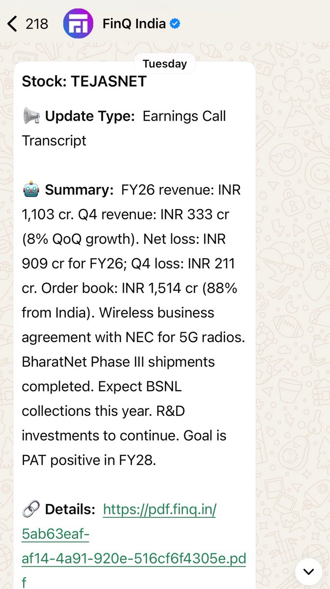 FinQ_India's tweet photo. Still tracking stocks manually? 

Switch to AI-powered alerts on WhatsApp

Track only the stocks you care about from 5,000+ companies 

- Track 5,000+ stocks
- Instant result &amp; order updates
- Crisp AI summaries

🎁 Track 20 stocks FREE (1 month)

Sign up NOW