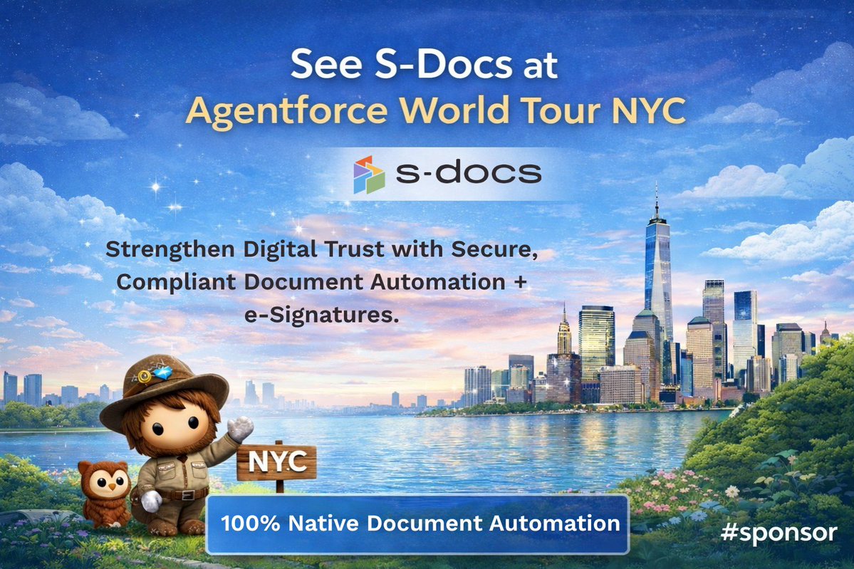 Dreamforce's tweet image. .@Sdocs is heading to NYC.🗽 
See how they help teams move faster with secure document automation and e-Signature right inside Salesforce.

Join the S-Docs team at #AgentforceTour NYC.

#sponsor