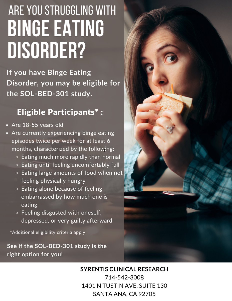 Do you have binge eating disorder and are you between the ages of 18 to 55? A local research clinic is currently seeking eligible adults for a clinical research study near you. Contact us today. (800) NEW-STUDY | Syrentis.com #BingeEatingDisorder  #ClinicalTrials