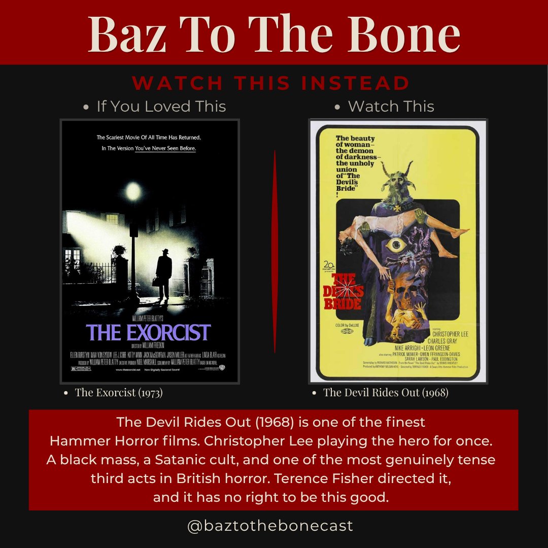 bazbishopcast's tweet image. They showed you The Exorcist. Watch The Devil Rides Out (1968) instead. Christopher Lee as the hero. Hammer at full stretch. It has no right to be this good.
#HammerHorror #CultFilm