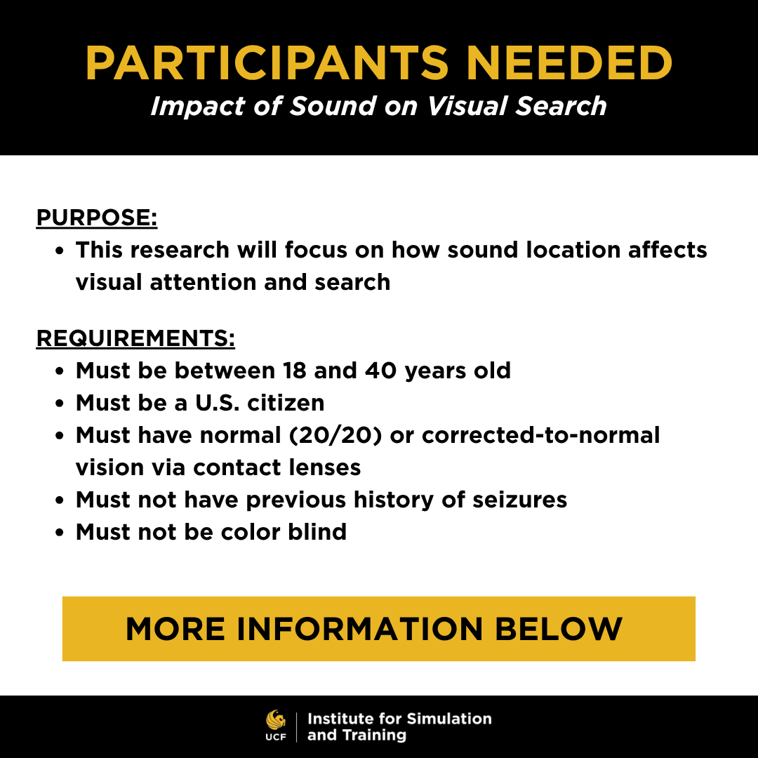 ISTUCF's tweet photo. UCF's IST is looking for participants to take part in a study on sound and visual attention in virtual environments.

Sign up today at https://t.co/3UHl5n7Pp7, or reach out to Crystal.Maraj@ucf.edu for more information!

#UCFIST #ResearchOpportunity #VirtualReality https://t.co/khCFizrVkn
