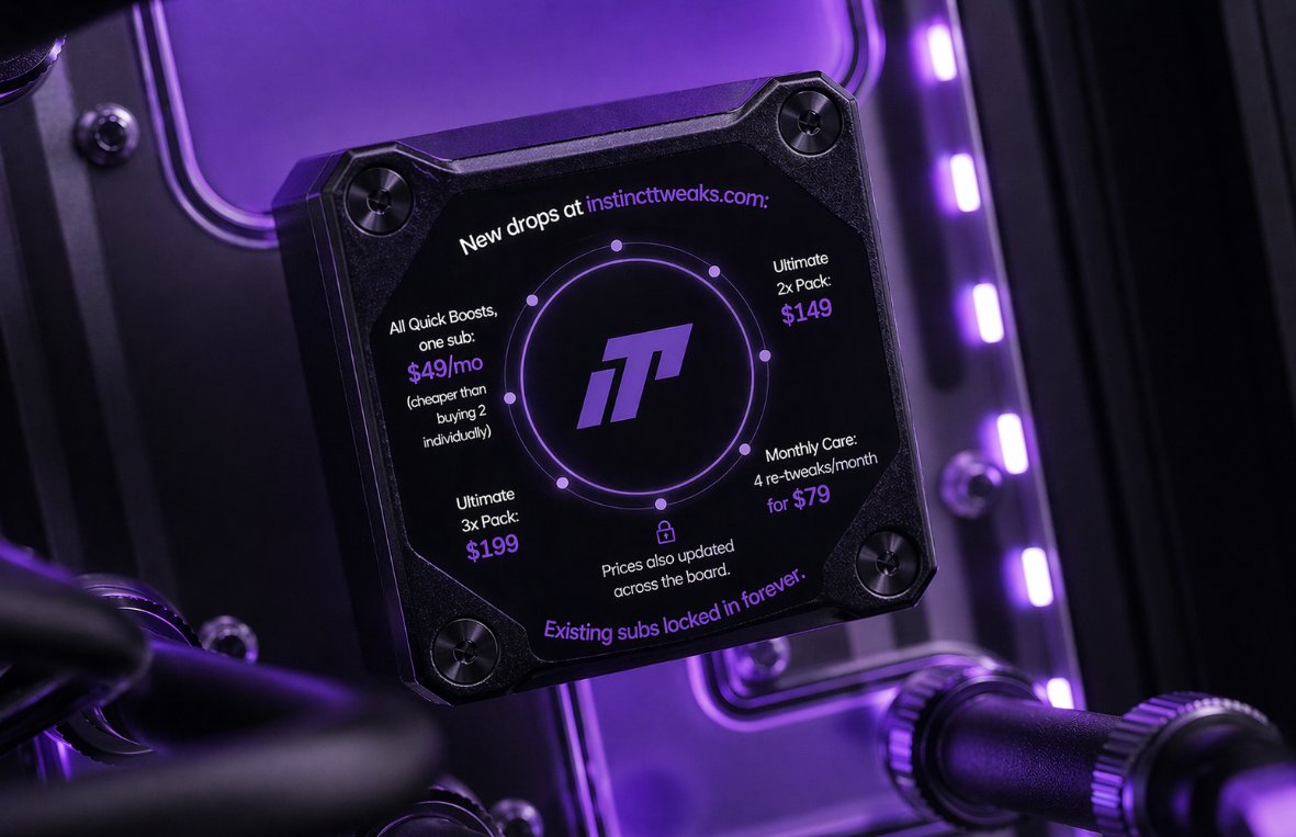 instincttweaks's tweet photo. Just dropped new bundles for PC optimization.

❗️20% off everything for the next 72 hours. ❗️

📝Monthly Care, Quick Boosts sub, Ultimate packs. Which one would you want?

What's your current FPS?🤔Drop it below. https://t.co/asraCFNjRe