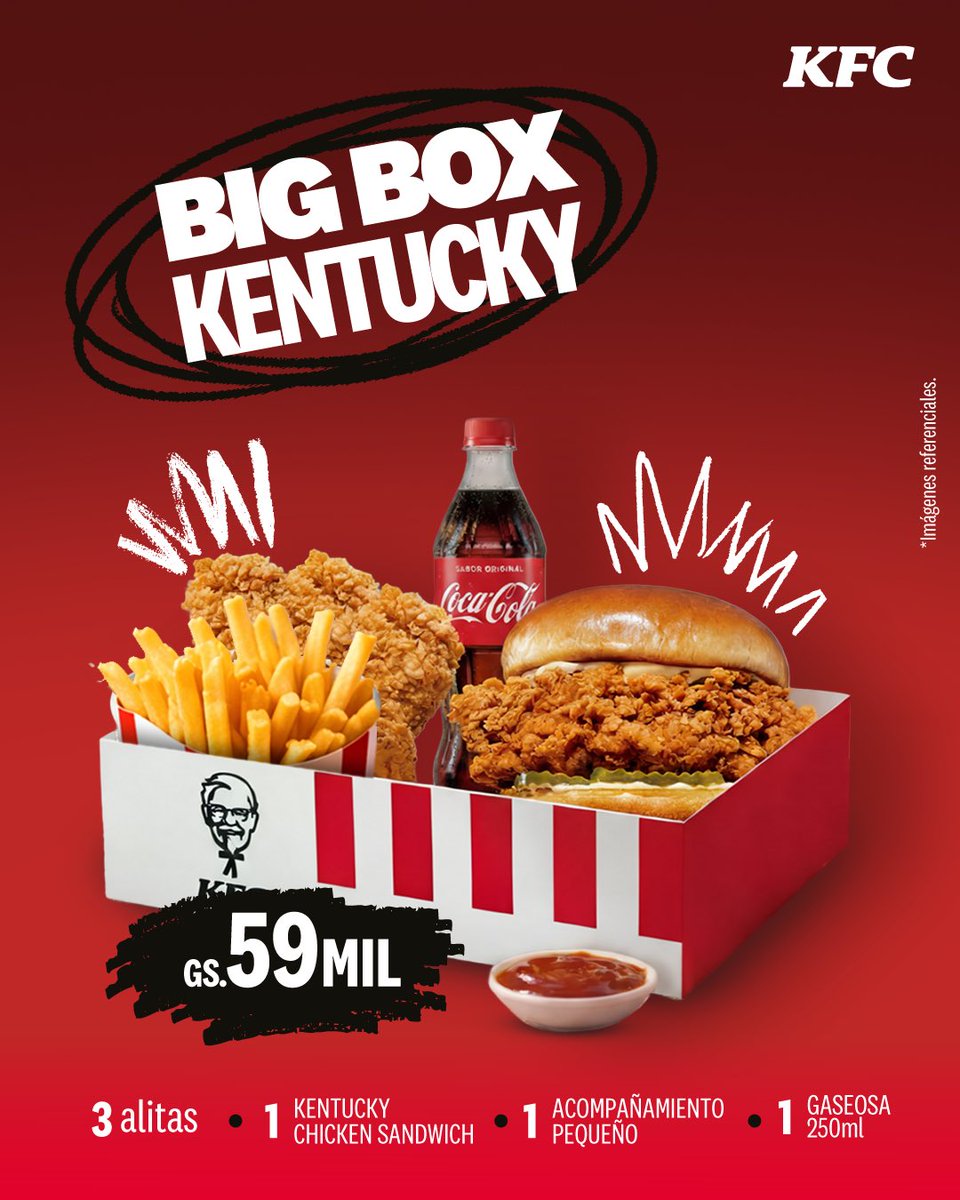 Cuando el antojo pega, no se negocia.​

Big Box Kentucky pollo Krujiente, papas y todo lo que querés en un solo box.​

Menos vueltas, más sabor.​
Pedi ya 🔥