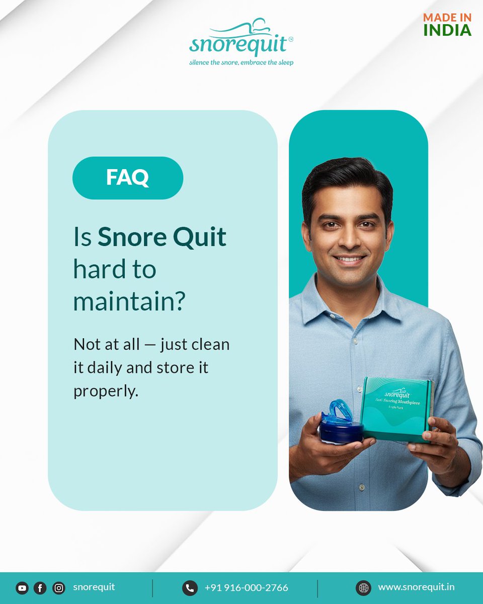 SnoreQuit's tweet image. Q: Is Snore Quit hard to maintain?

A: Not at all — just clean it daily and store it properly.

Better routine. Better sleep.

🛒 Shop now: snorequit.in/product/anti-s…

📞 Call us: +91 916-000-2766

#SnoreQuit #FAQ #SleepBetter #HealthySleep