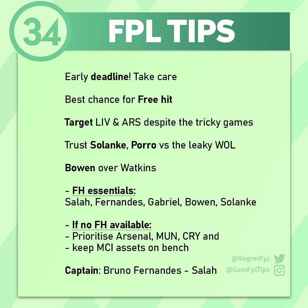 RegretFpl's tweet image. 🚨 #FPL TIPS FOR BLANK #GW34 🚨
