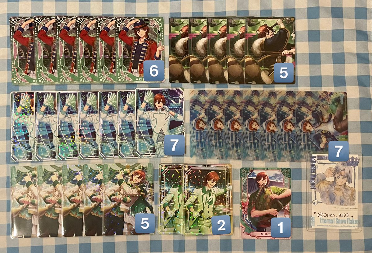 Oimo_3333's tweet photo. 【交換】うたプリ ビジュコレ VOL.5

＊譲
嶺二、蘭丸
(画像参照ください)

＊求
真斗
(画像3枚目💟を含む交換のみ)

R⇄Rは1:1
お相手様SRへは当方複数枚提供可能です
他比率違いで複数枚提供可◎

郵送交換希望です。
よろしくお願いいたします。 https://t.co/YRaasksQE8