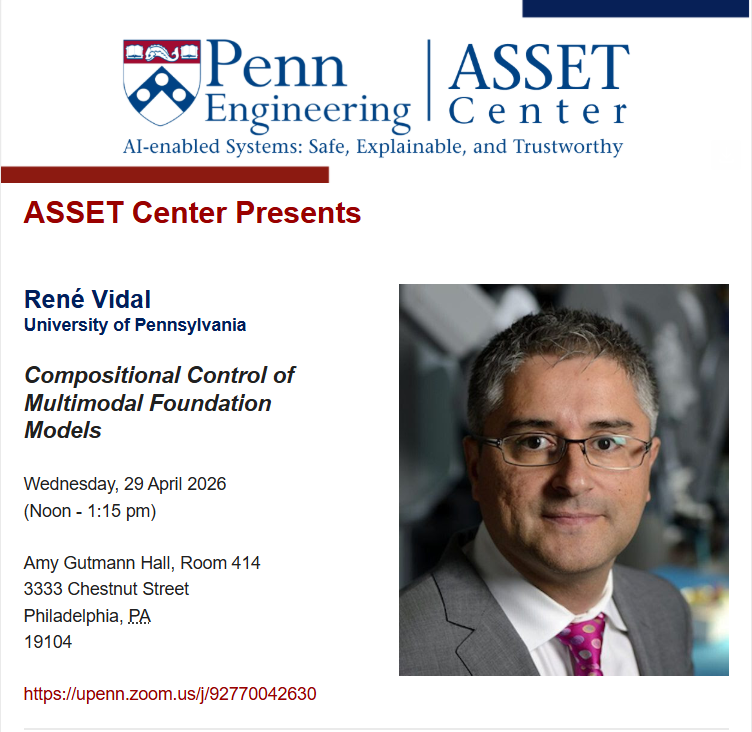 PennAsset's tweet photo. Join us tomorrow for our final ASSET Seminar of this semester, presented by Rene Vidal (UPenn). See below for details! https://t.co/hfHyN7AH5L