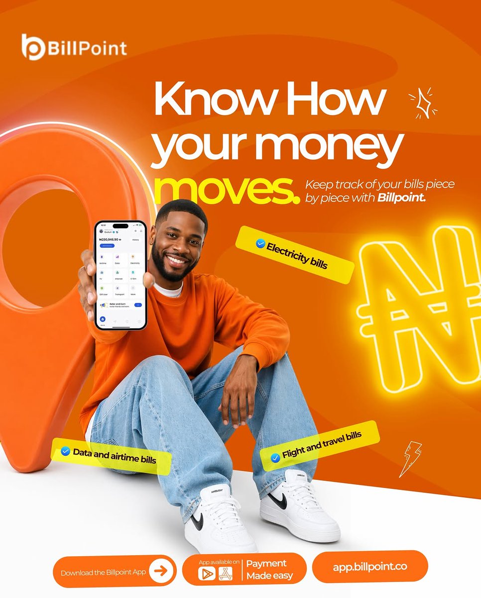 Billpointafrica's tweet photo. You work hard for your money... so why let it move in silence? 👀
Track it. Own it. Control it.
With Billpoint every bill is accounted for. No confusions, no stories.
#Billpoint
#Billpaymentmadeeasy
#Utilitypayment
#Convenience
#FintechNigeria https://t.co/8VXPbWoutT