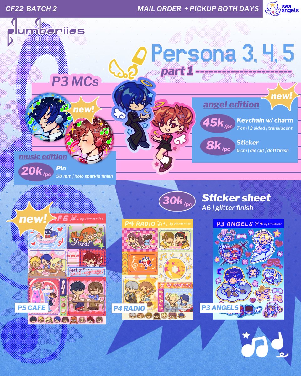 plumberiies's tweet photo. (❤️ + 🔁 appreciated!)

Batch 2 #CF22 PO Pickup (Day1&amp;2) + Mail Order is out 🫶

📆: 24 April - 1 May
🐠: Sea Angels J38 
🎶: Persona 3, 4, 5, Sonic, TSHD, PinkPantheress, Vocaloid, Originals
🔗: in replies!

(1/3) https://t.co/ebZulYOJdB