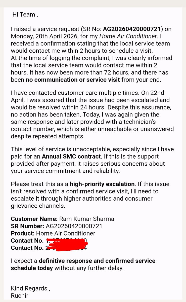 RuchirMatholiya's tweet photo. @IndiaHaier Summary of the incident . I have dropped mail on customercare@haierindia.com but no response https://t.co/nHyKAdff7r