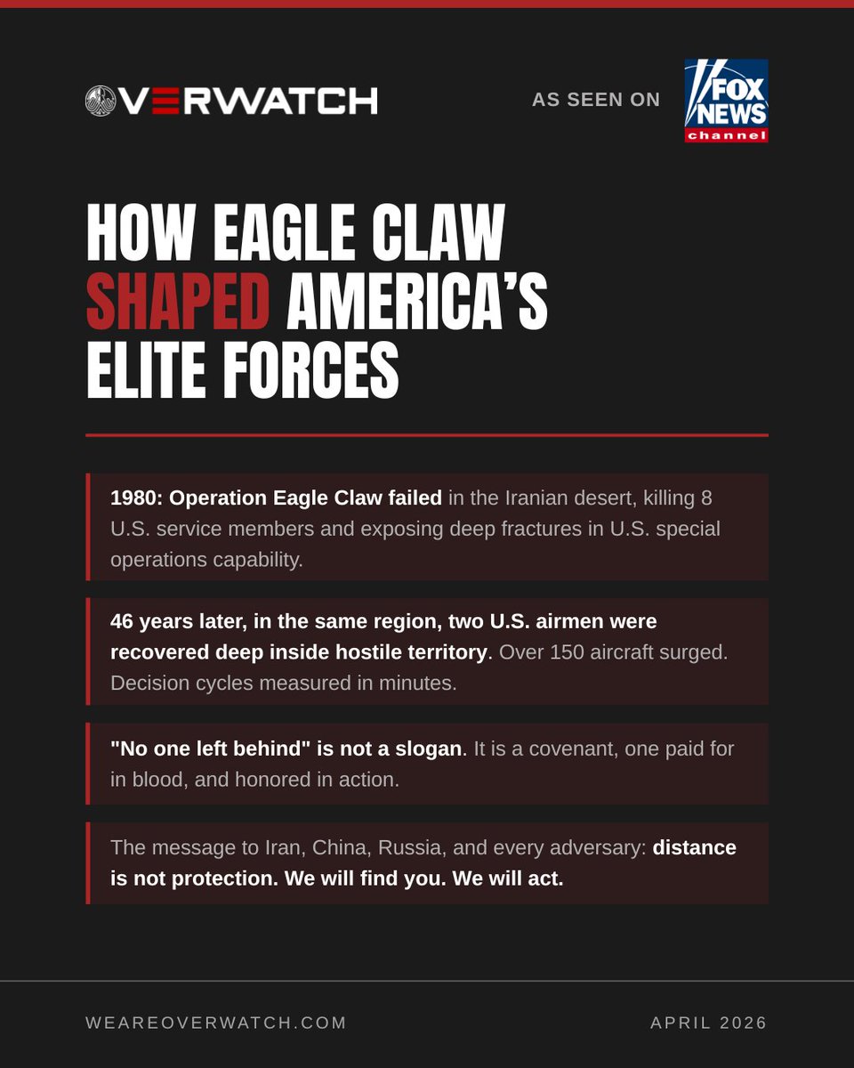 MJSarraille's tweet image. Failure forced change.

Eagle Claw exposed the gaps. What followed built the most capable Special Operations force in the world.

What we saw this week wasn’t luck. It was decades of preparation.

Read more:  foxnews.com/opinion/legacy…

—
#WeAreOverwatch #WeDoTheWork #Execution