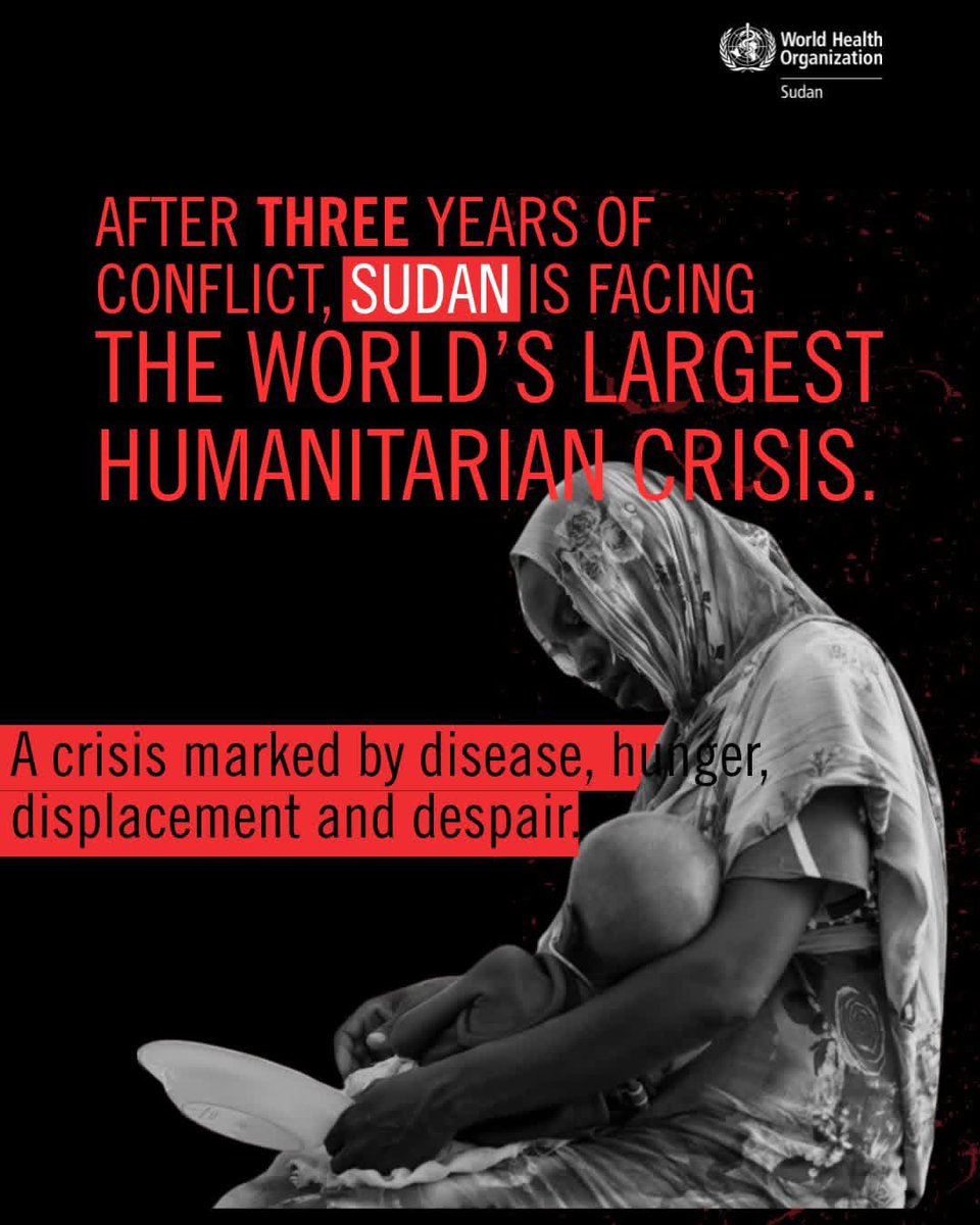 Emelia8z0's tweet photo. The three-year-long conflict in #Sudan has disrupted basic services, displaced millions, devastated the health system, and created the world's largest humanitarian crisis.
❗️Disease
❗️Malnutrition
❗️Violence
❗️Displacement

Sudan's people need peace.
#3yearstoolong https://t.co/QKbaGy0tlk