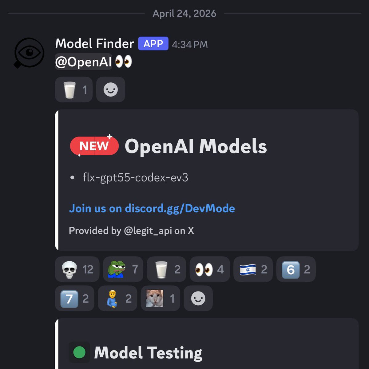 Discord Model Finder showing new OpenAI model flx-gpt55-codex-ev3 detected on April 24 2026