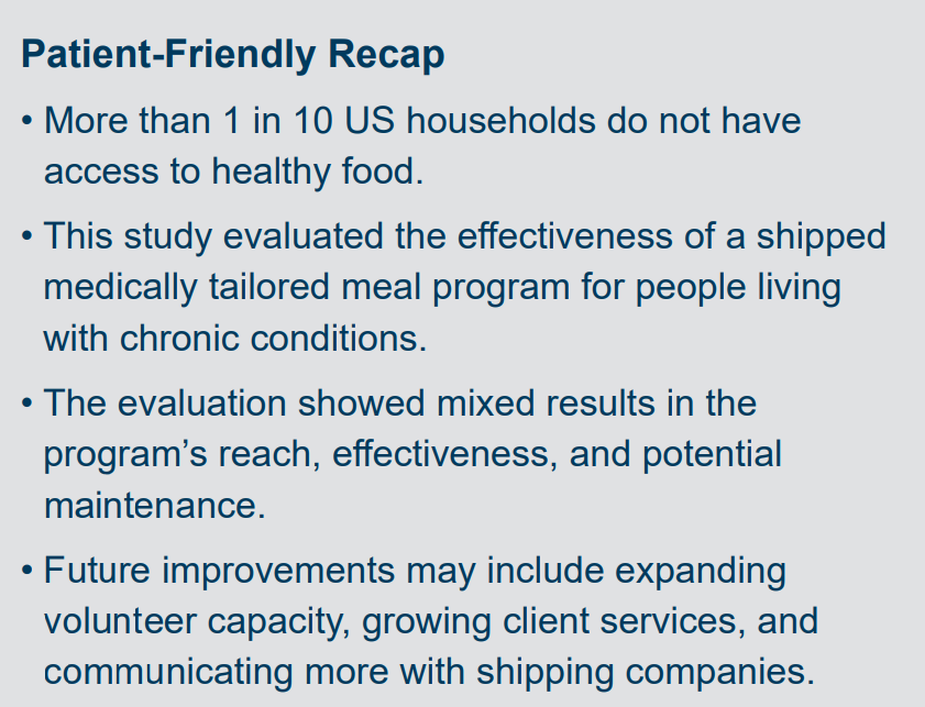 JPCRR's tweet image. #FactCheck Friday: All US households have access to healthy food. FALSE. More than 1 in 10 US households don't. This study evaluated the effectiveness of a shipped medically tailored meal program for people living with #ChronicIllness:

institutionalrepository.aah.org/jpcrr/vol13/is…

#HealthyEating