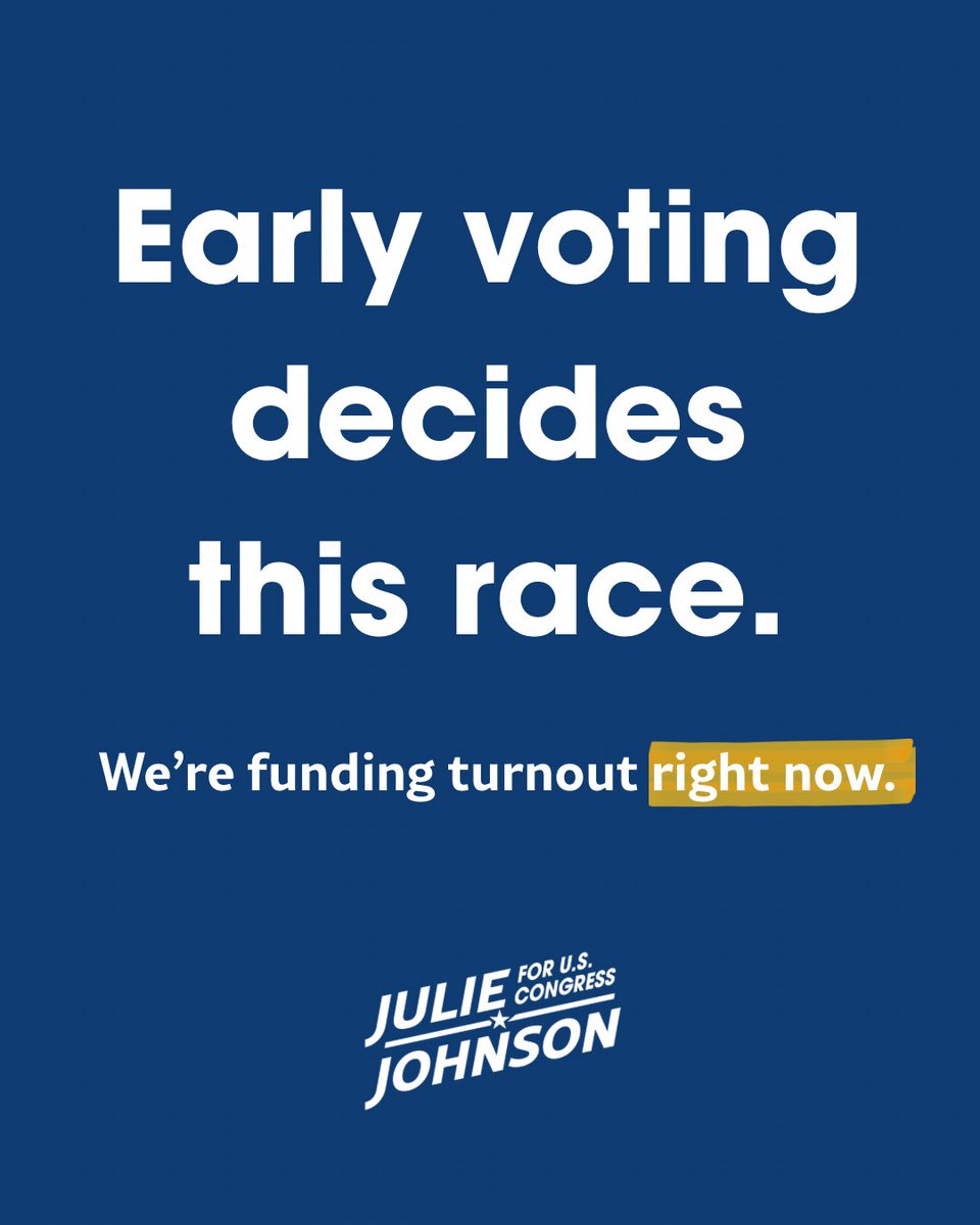 juliejohnsonTX's tweet image. Early voting is when this gets decided. 

We’re actively funding turnout. Not later, now.

If you’re going to step in, this is the moment ➡️ secure.actblue.com/donate/jj-earl…

#TX33 #ImWithJulie #Runoff #Vote