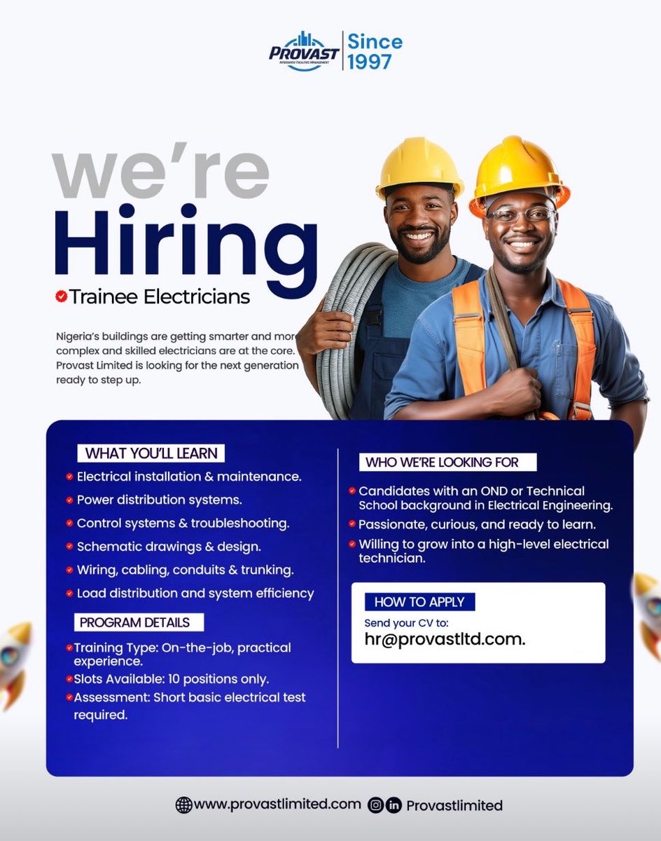 Provast Limited Trainee Electricians Program 2026

If you’re passionate, ready to learn, and looking to build a solid career in electrical engineering, this is your opportunity to gain hands-on experience and grow.

Requirements: OND or Technical School (Electrical Engineering) –