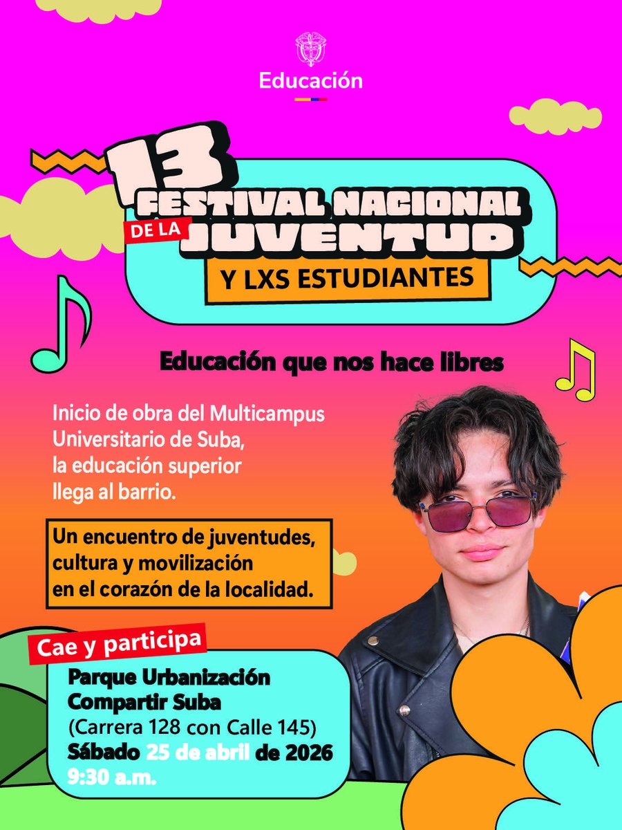 Mineducacion's tweet photo. Arranca la obra del Multicampus Universitario de Suba en medio del Festival Nacional de la Juventud y lxs Estudiantes. 

La U llega al barrio, con educación pública, gratuita y de calidad que nos hace libres.

📍Caiga este sábado 25 de abril al parque Compartir Suba (carrera 128 con calle 145)
⏰ 9:30 a.m.