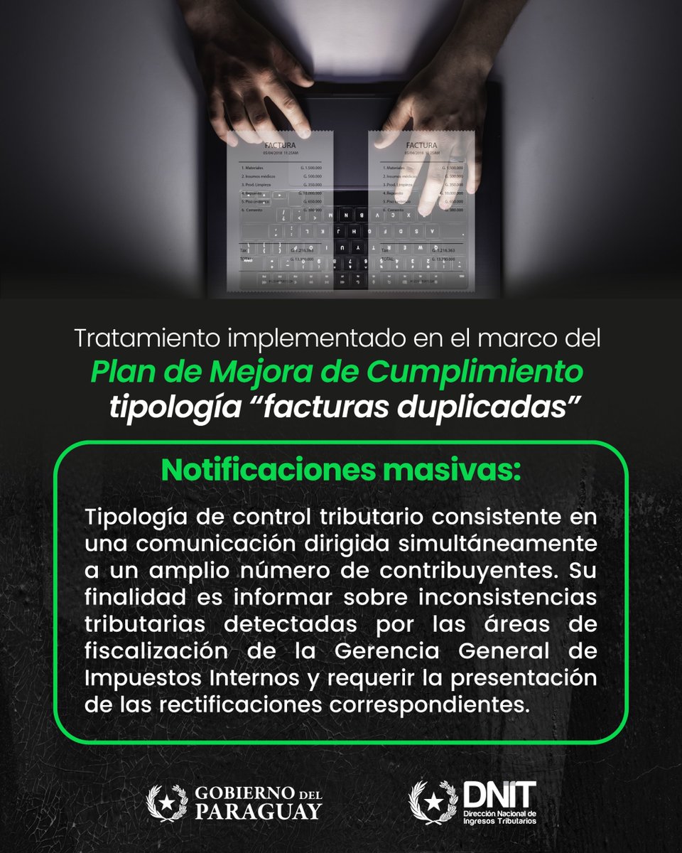 DNITpy's tweet photo. 🔎 La DNIT se encuentra en etapa de ejecución del primer Plan de Mejora de Cumplimiento bajo el enfoque de gestión de riesgo para la tipología de facturas duplicadas

📧 El plan inició con notificaciones masivas a contribuyentes, aquí te contamos más sobre la finalidad de estas👇🏼 https://t.co/DSSGLOOmXl