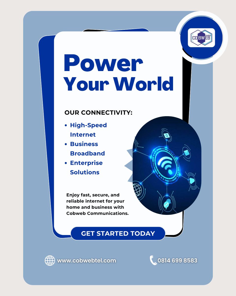 CobwebLimted's tweet photo. Power your world with fast, reliable internet.
Built for homes and businesses that demand performance every day.
Get started today.

🌐 https://t.co/1rJOot0H5k

#CobwebCommunications #FastInternet #ReliableInternet #StayOnline #TechNigeria https://t.co/4qpqOew9wR