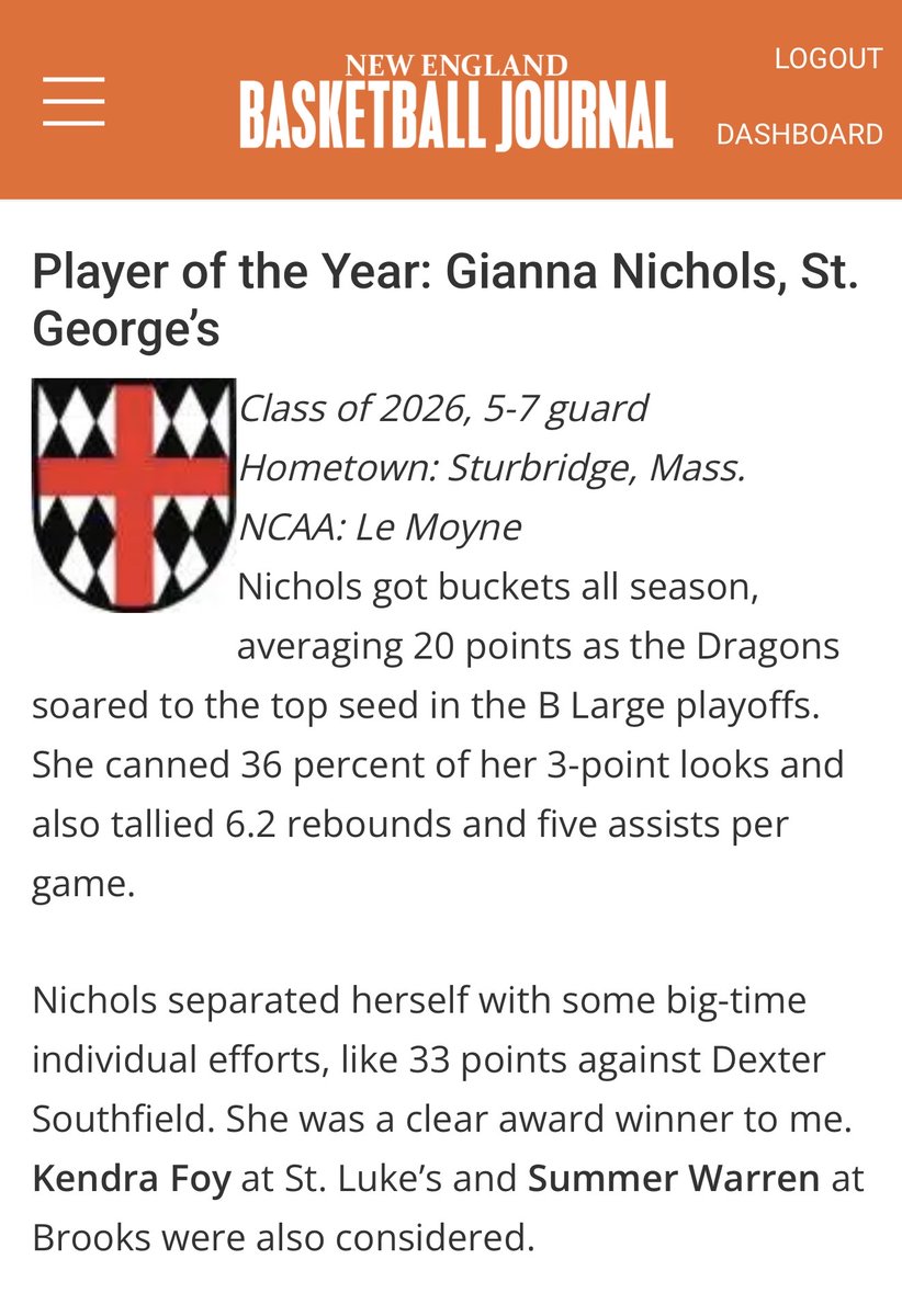 giannamnichols's tweet photo. Thank you NE Basketball Journal for naming me Player of the Year and All-Class B Large First Team @nehoopjournal @ethman43 @Coach_MaddieB @SGgirlshoops @GoSGDragons @BayStateJags @LaurieBollin @LeMoyneWBB @NEPSGBCA https://t.co/P6ES8n3lDQ