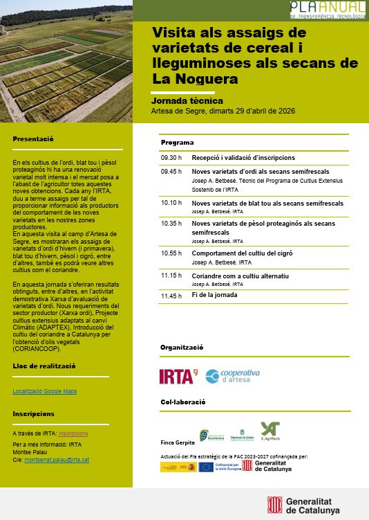 CoopArtesa's tweet image. Us compartim el cartell de la #jornadatècnica que tindrà lloc el proper dimecres, 29 d'abril, al municipi d' #ArtesadeSegre i durant la qual visitarem els assaigs de varietats de #cereal i #lleguminoses als secans de La Noguera.
