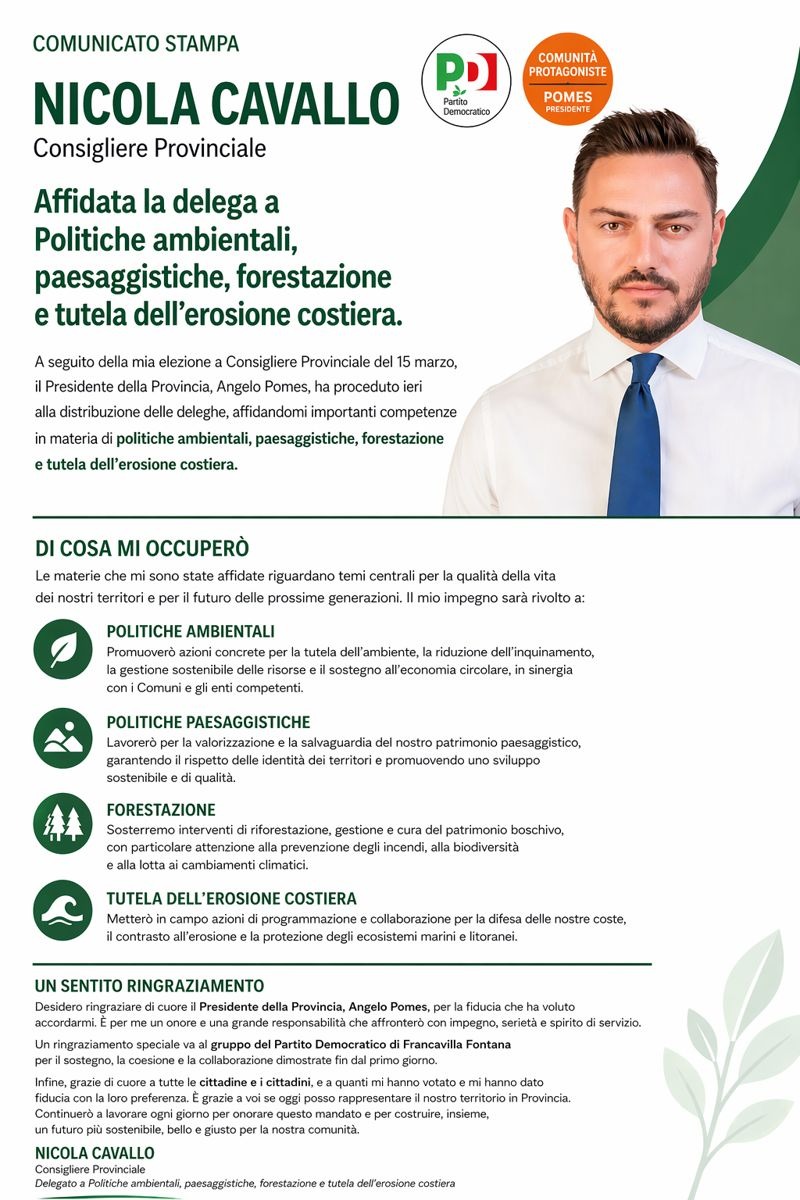 Consigliere provinciale Cavallo: «Il mio massimo impegno su Politiche ambientali, paesaggio, forestazione e tutela dell'erosione costiera» -  lostrillonenews.it/2026/04/24/con…